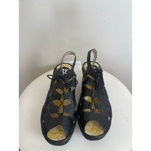 Fly London Black Leather Crisscross Wedge Sandals - Picture 5 of 10